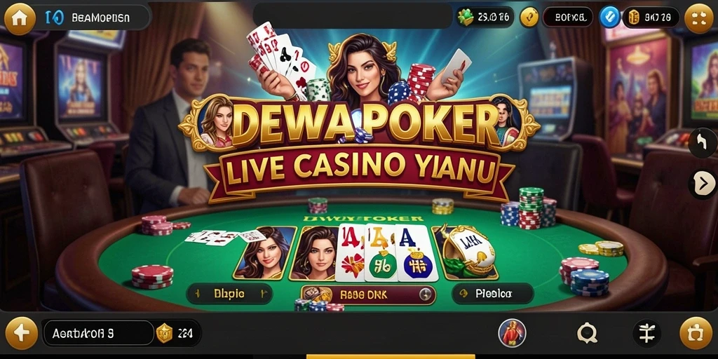 Tampilan gameplay DEWAPOKER dengan dealer langsung dan suasana kasino yang nyata.